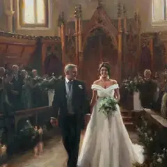 A bride and groom walking together through a candlelit church, painted in rich classical oils