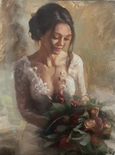 A finished portrait of a bride holding her bouquet.