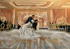 A couple dancing beneath warm reception lights, captured in loose expressive brushwork