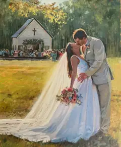 Newlyweds share a kiss beneath the trees in a closely observed wedding painting