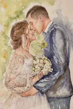 A softly painted bride and groom leaning together in a delicate watercolor wedding portrait
