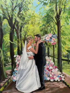 A newly married couple surrounded by vivid garden flowers in a bright wedding painting