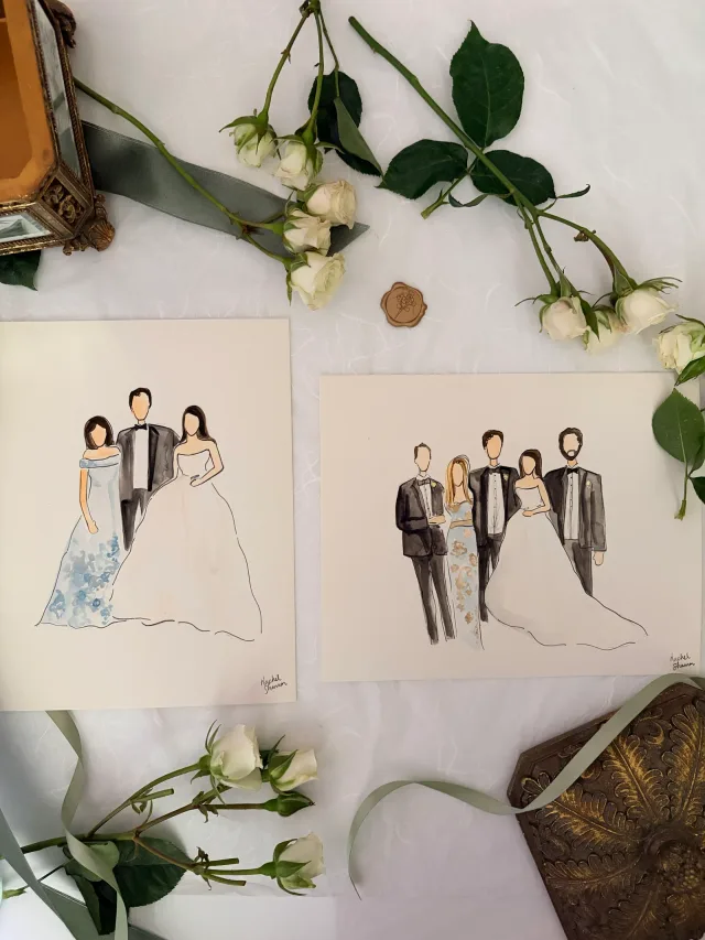 Bespoke wedding guest illustrations arranged with white roses