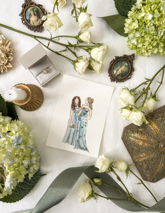 Blue wedding guest illustration framed by flowers and vintage details