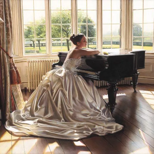 Elegant bride playing grand piano in luxurious venue - wedding inspiration