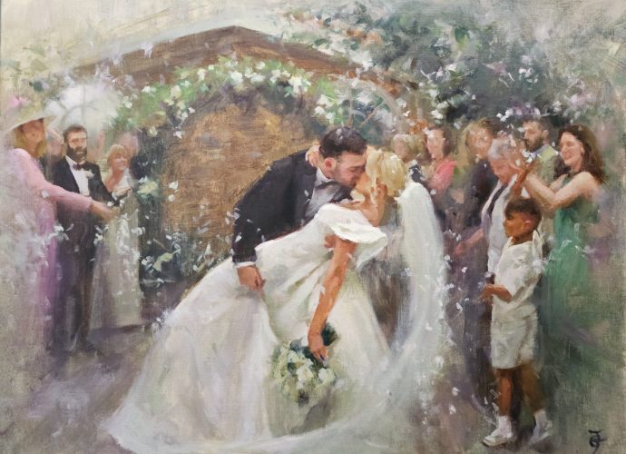 Couple kissing under confetti at wedding ceremony - live wedding painting inspiration