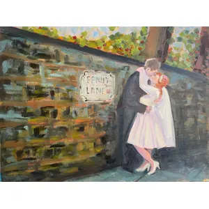 Elizabeth and Francis’s late August Liverpool wedding. Oil painting commission produced from a photograph within three hours.