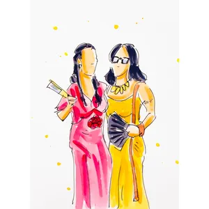 Colourful live watercolour portrait of two stylish wedding guests in pink and yellow.