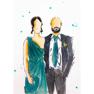 Live watercolour guest portrait of an elegant couple, with the woman in a green dress.