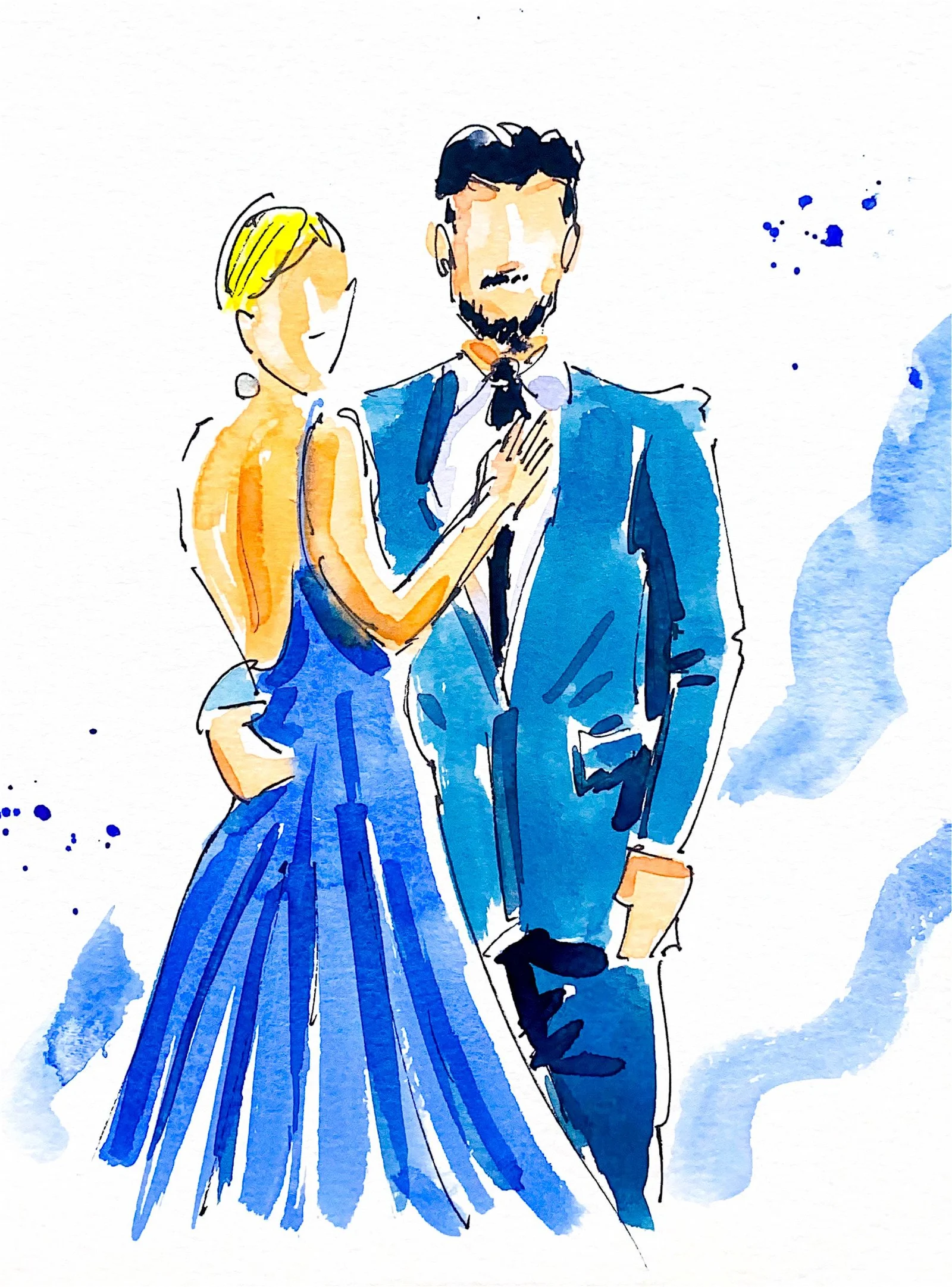 Elegant live watercolour guest portrait of a formally dressed couple in blue at a wedding.