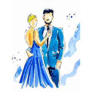 Elegant live watercolour guest portrait of a formally dressed couple in blue at a wedding.