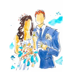 Live watercolour wedding portrait of an elegant couple with a floral bouquet.