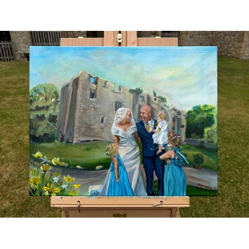 A family wedding portrait in front of the ruins of a tower. Leah and Olly, Priest House, Barden Tower, Skipton, June 2026