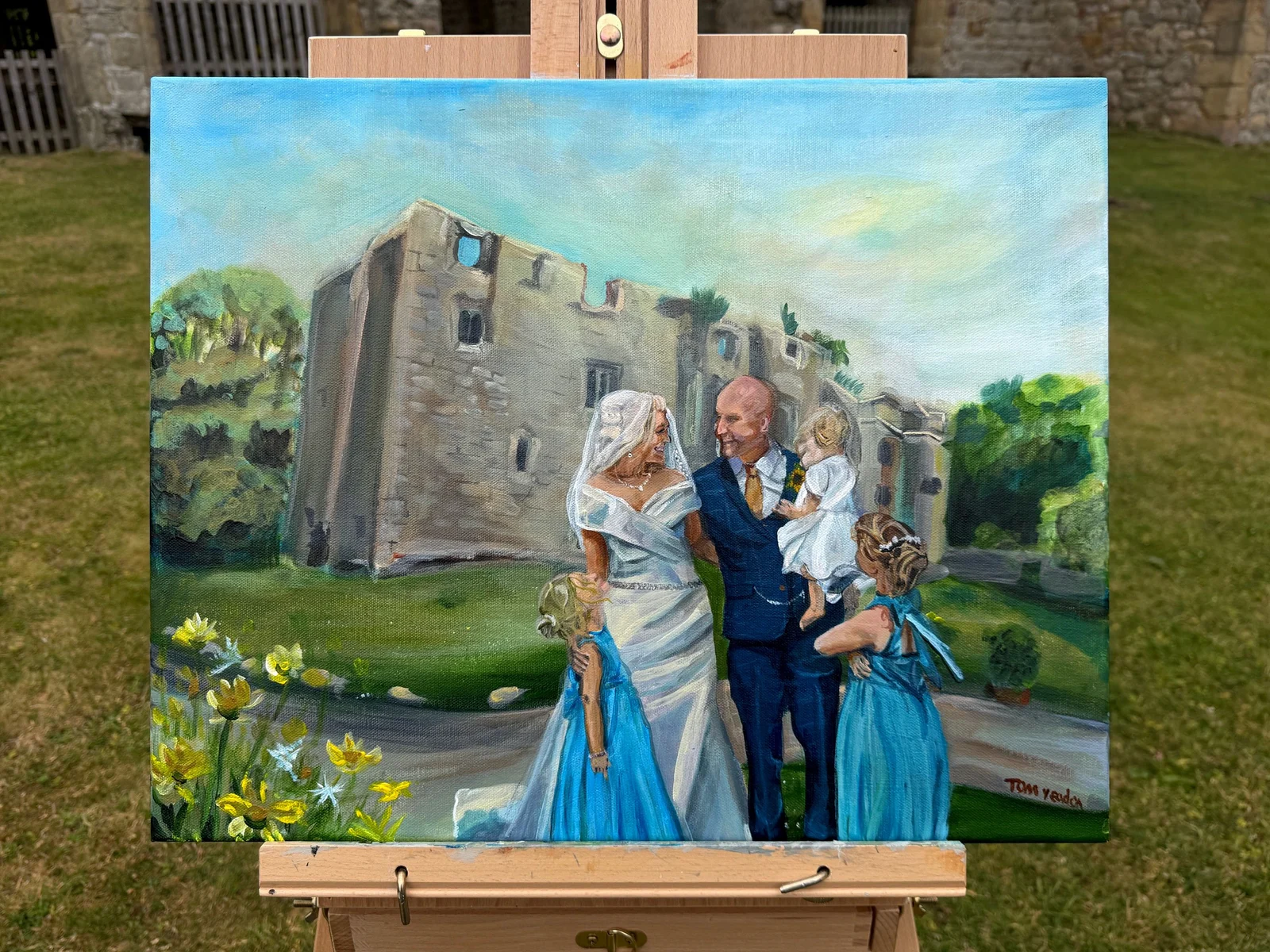 A family wedding portrait in front of the ruins of a tower. Leah and Olly, Priest House, Barden Tower, Skipton, June 2026