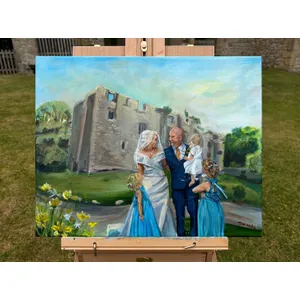 A family wedding portrait in front of the ruins of a tower. Leah and Olly, Priest House, Barden Tower, Skipton, June 2026 (live painted)
