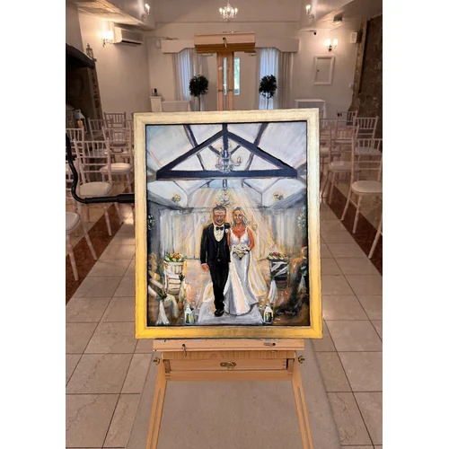 Finished painting ready for handover. A bride and groom walk down the aisle together, surrounded by family and friends. Colette and Tim, Stirk House, Gisburn, February 2026.