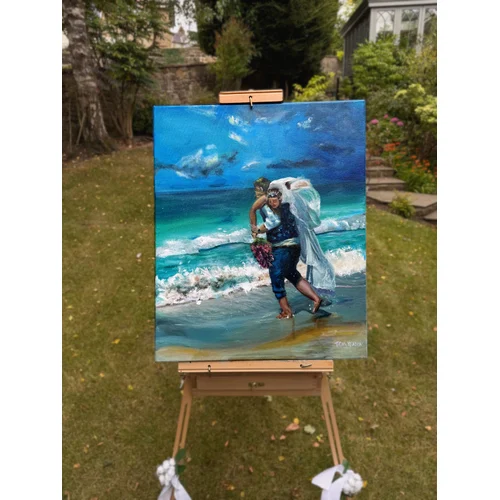 A groom carries his bride jokingly towards the crashing waves on a beach - Finished painting, Tom and Jen, July 26.