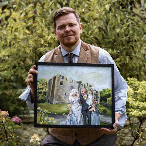 Tom holding finished painting, Leah and Olly, Priest House, Barden Tower, Skipton, June 2026