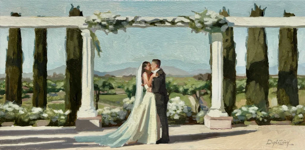 Oil painting of a couple's first dance, painted live at their wedding by Lauren.