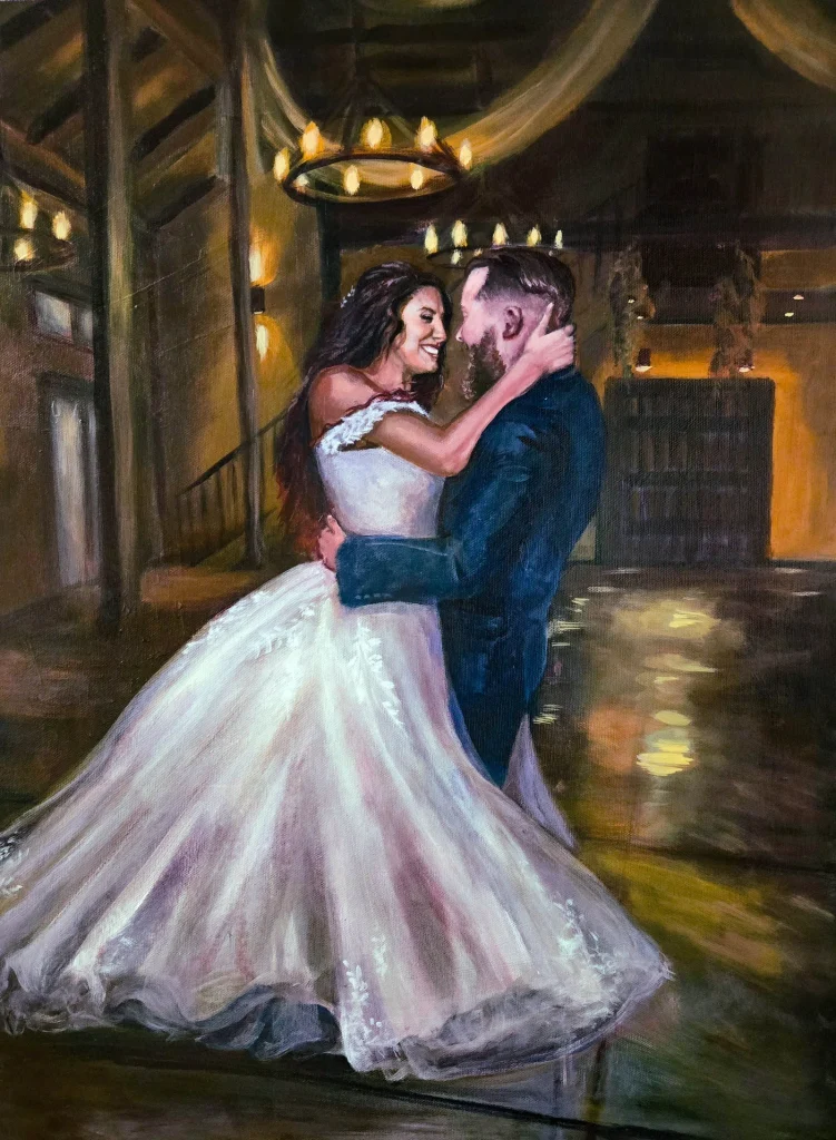 Warm, hand-painted portrait of a couple painted from their wedding photo by Averi.